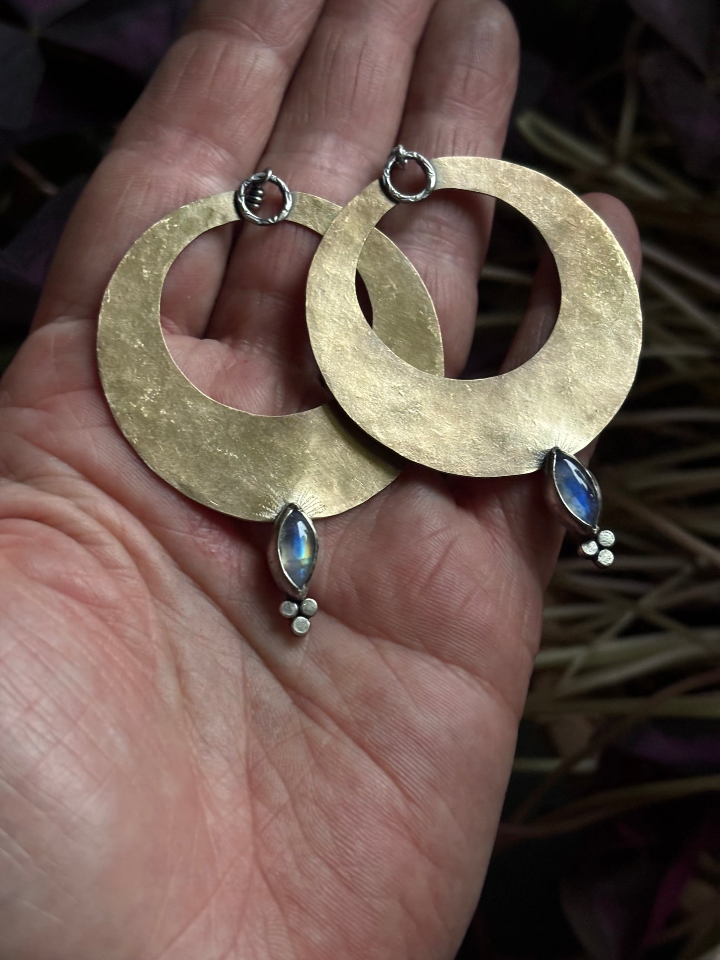 Textured Brass and Sterling Silver Earrings with Rainbow Moonstone