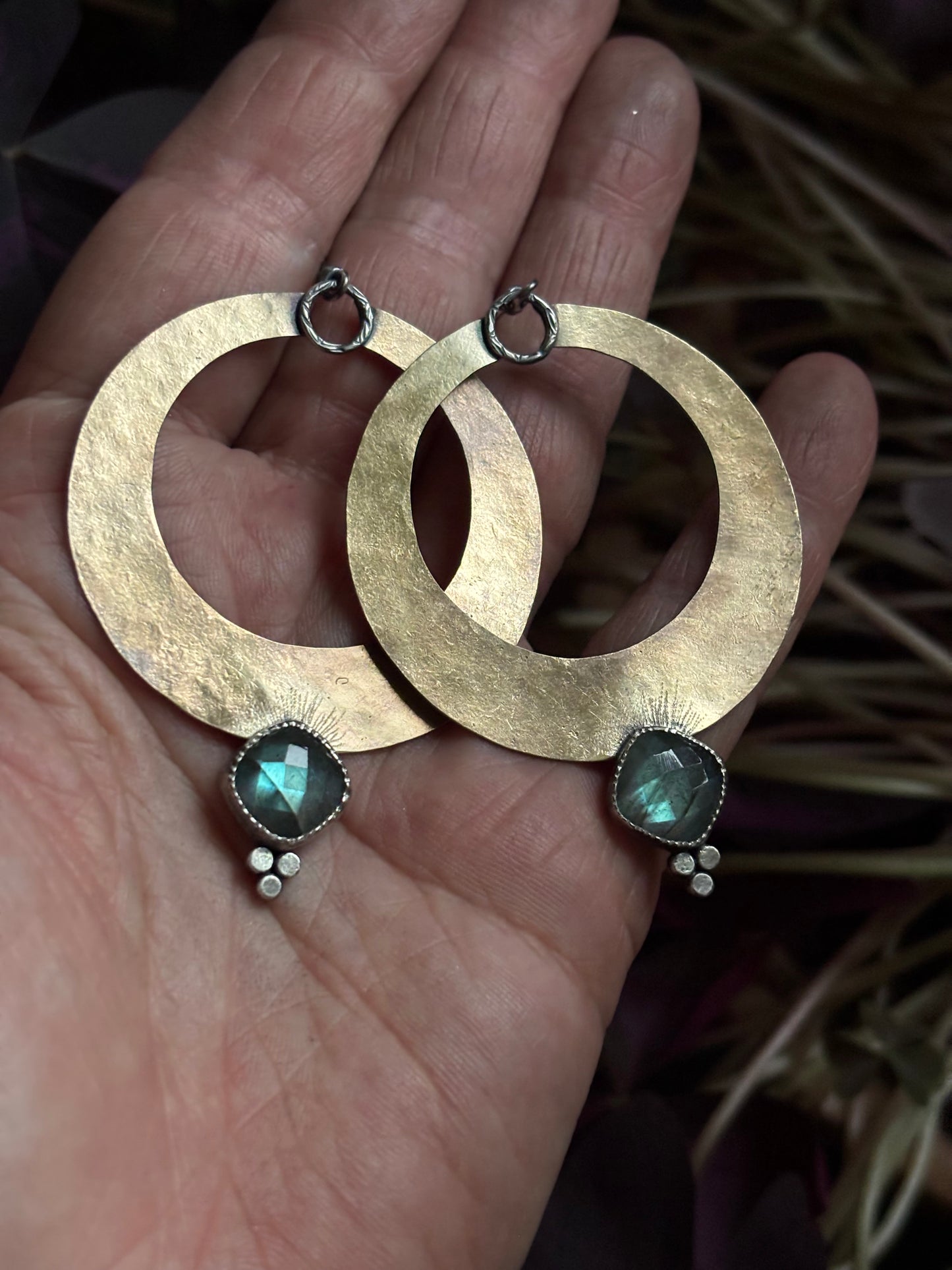 Textured Brass and Sterling Silver Earrings with Labradorite