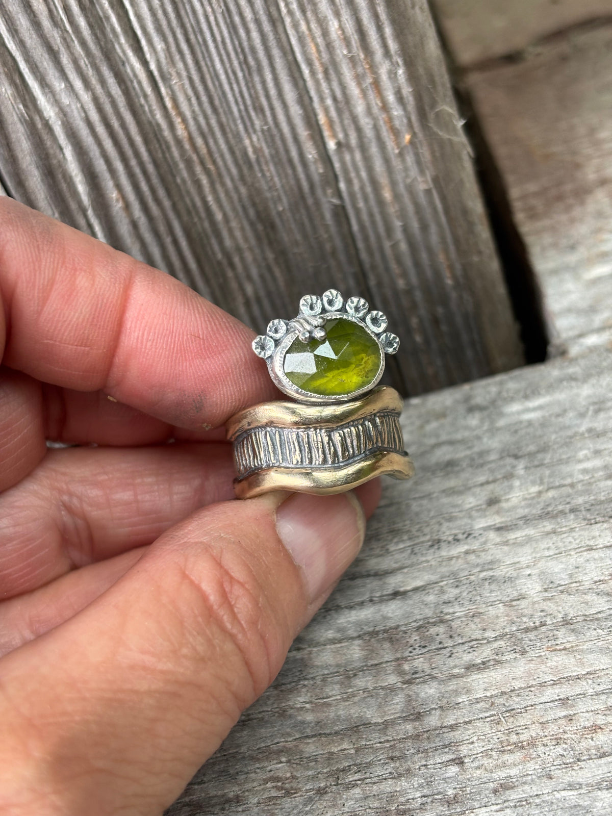 Baleen Brass and Silver Ring with Vesuvianite