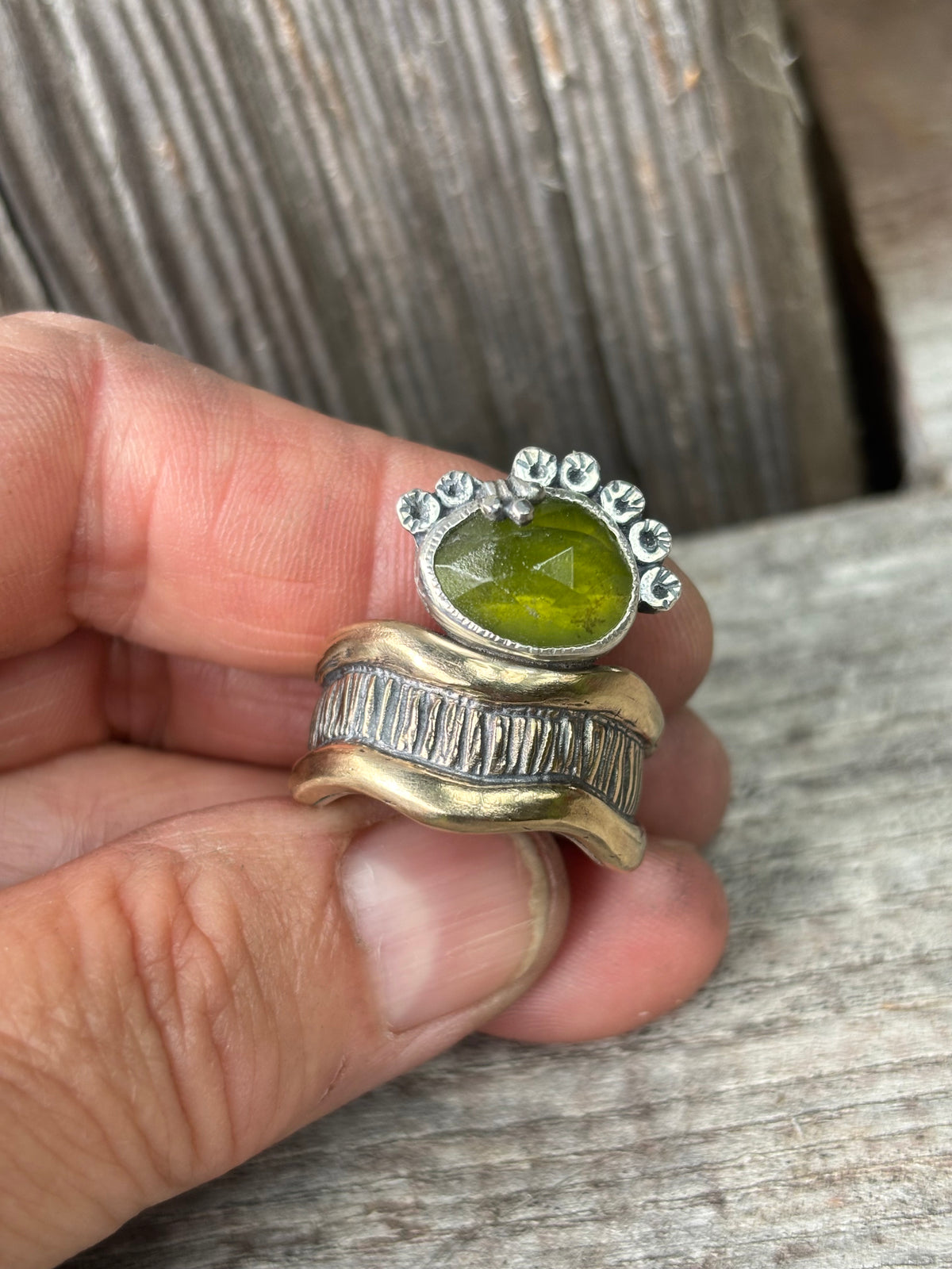Baleen Brass and Silver Ring with Vesuvianite