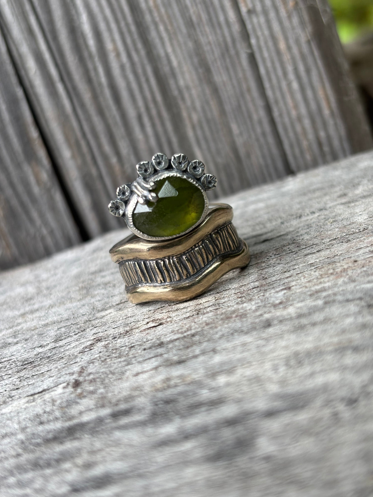 Baleen Brass and Silver Ring with Vesuvianite