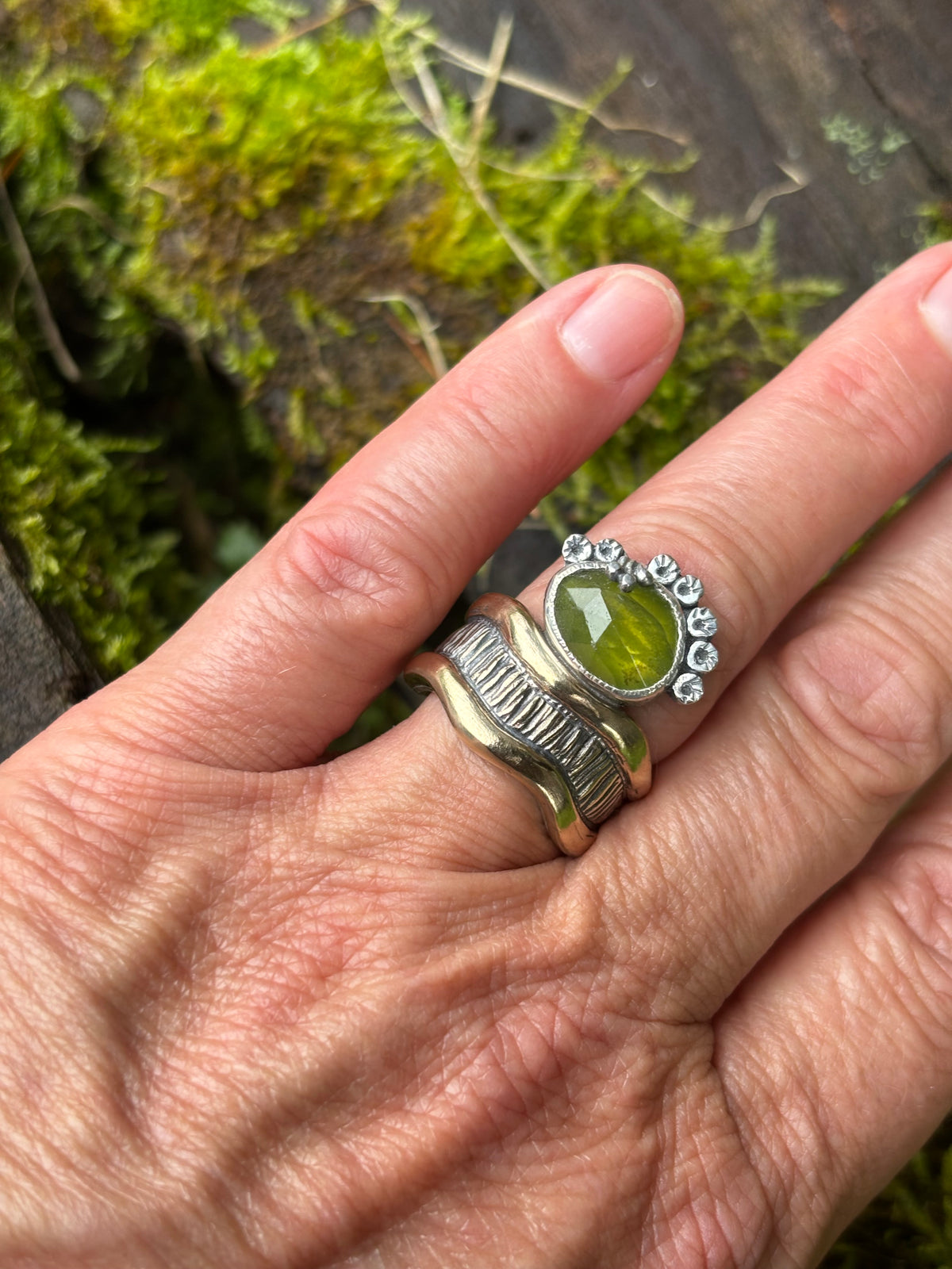 Baleen Brass and Silver Ring with Vesuvianite