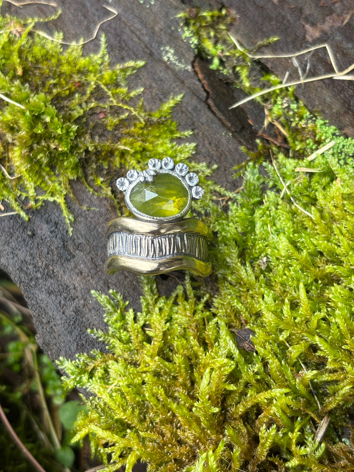 Baleen Brass and Silver Ring with Vesuvianite