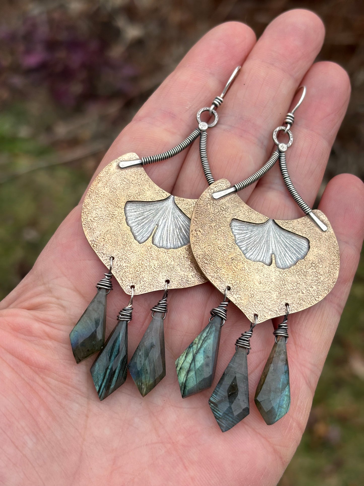 Ginkgo Leaf Earrings with Labradorite