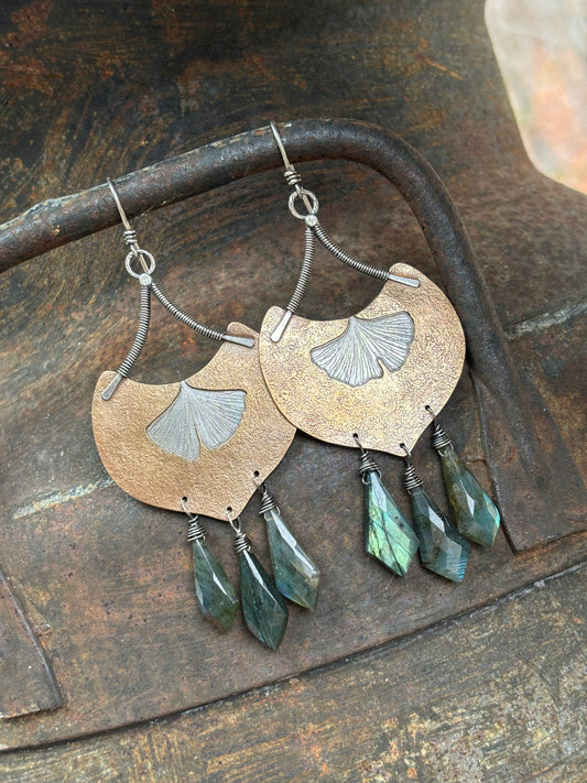 Ginkgo Leaf Earrings with Labradorite